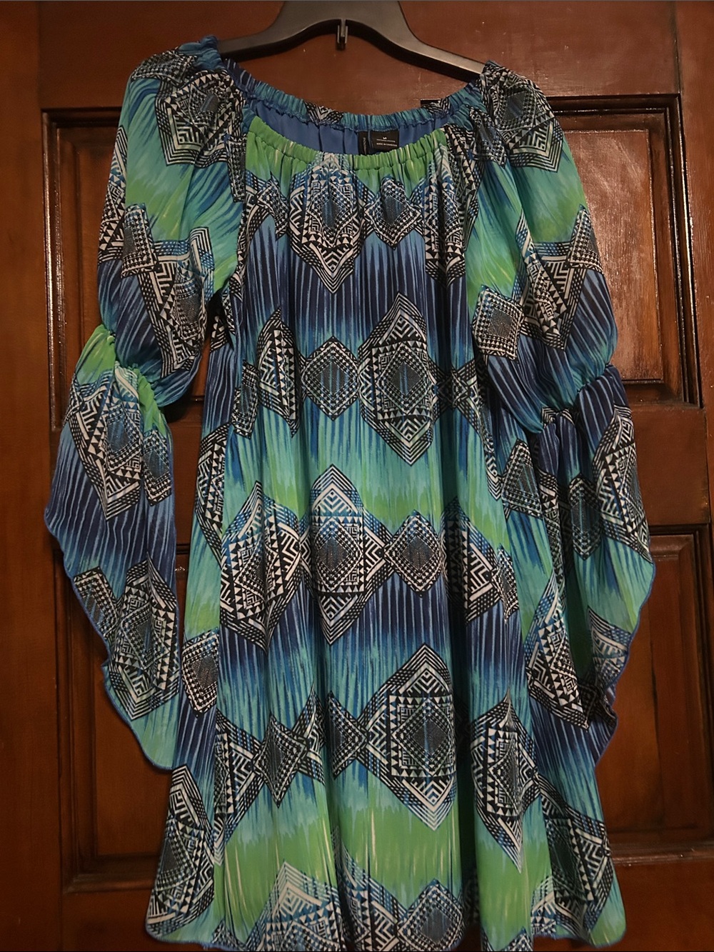 new directions Blue & Green Off-Shoulder Long Sleeve Printed Maxi Dress